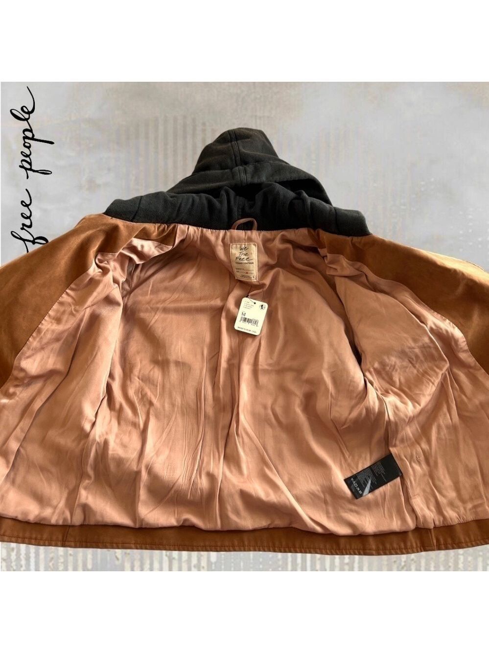 FREE PEOPLE NWT Harriett Moto-Style Brown Vegan Suede, Black Hood Jacket/Md - Picture 13 of 16